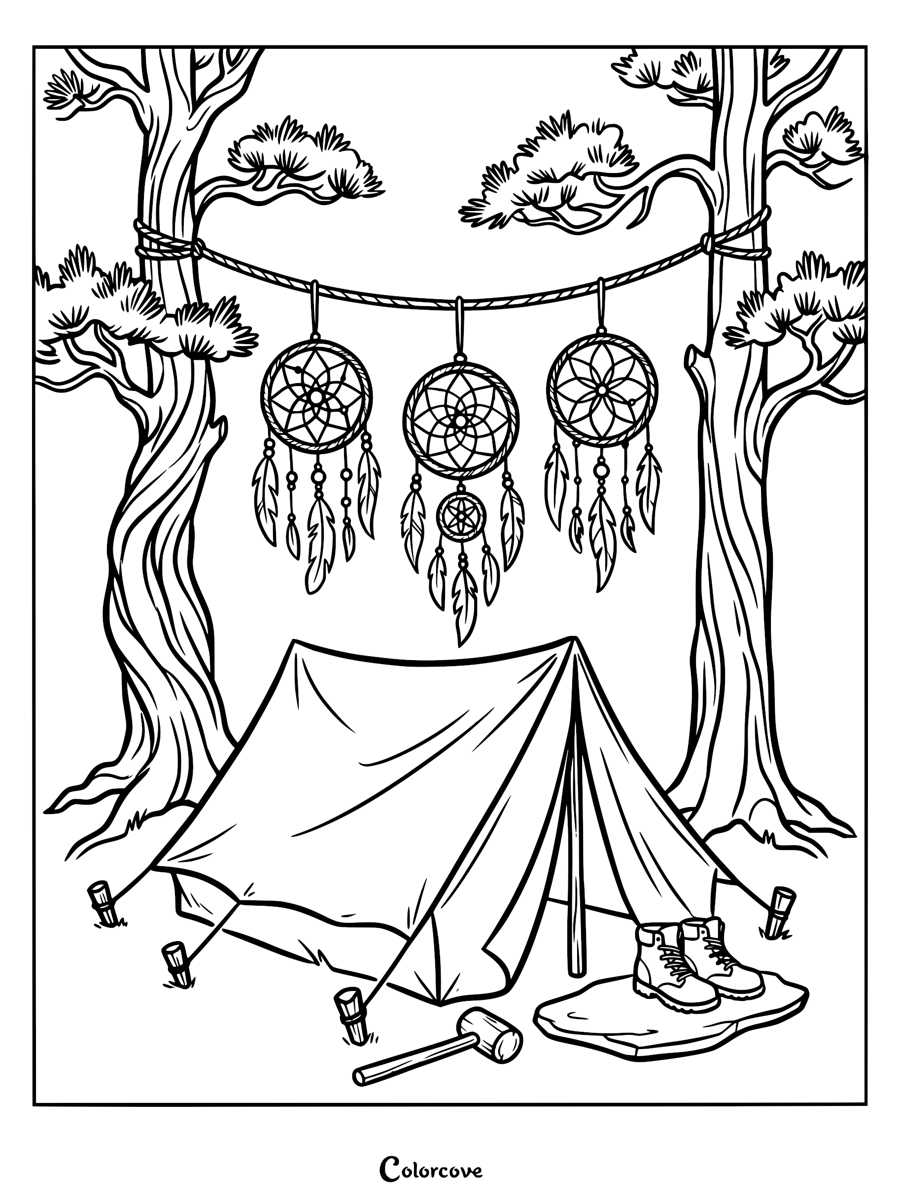 Three dreamcatchers hanging from a rope between two pine trees above a tent, mallet, and hiking boots in this coloring page.