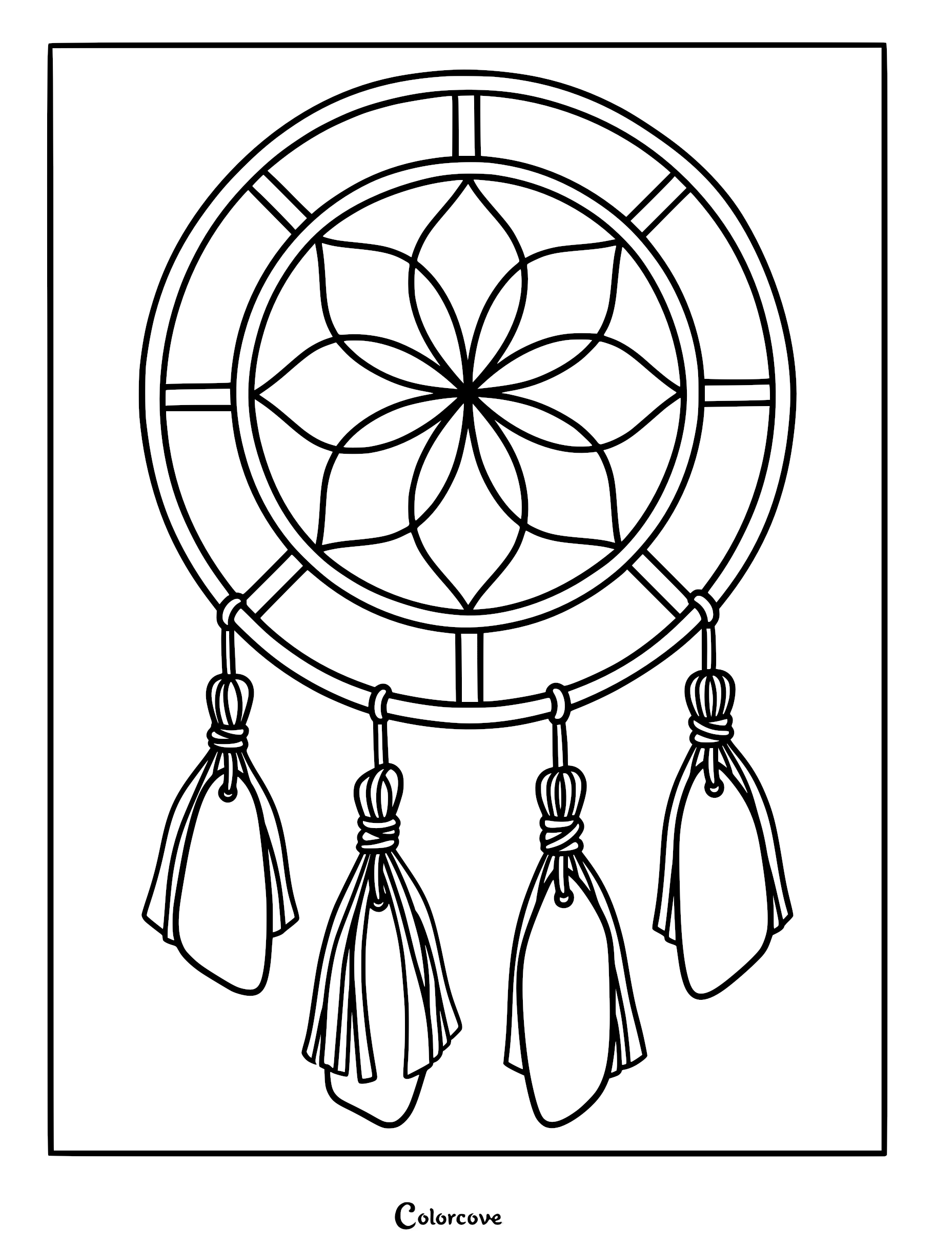 A simple dreamcatcher coloring page featuring a central flower-shaped web and four hanging feathers.