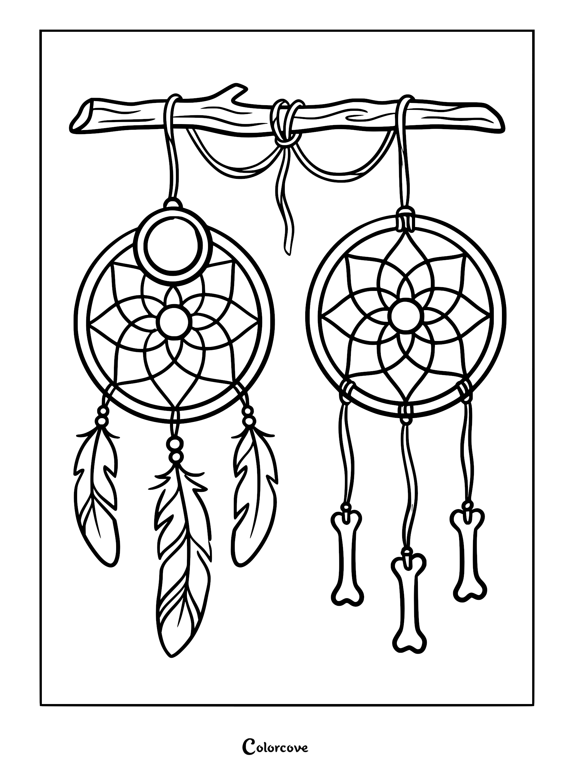 A printable coloring page featuring two dreamcatchers hanging from a branch, one decorated with feathers and the other with bone charms.