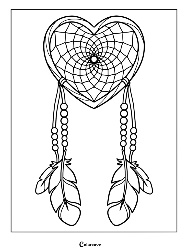 Coloriage d'attrape-rêves en forme de cœur avec des ficelles de perles et des plumes