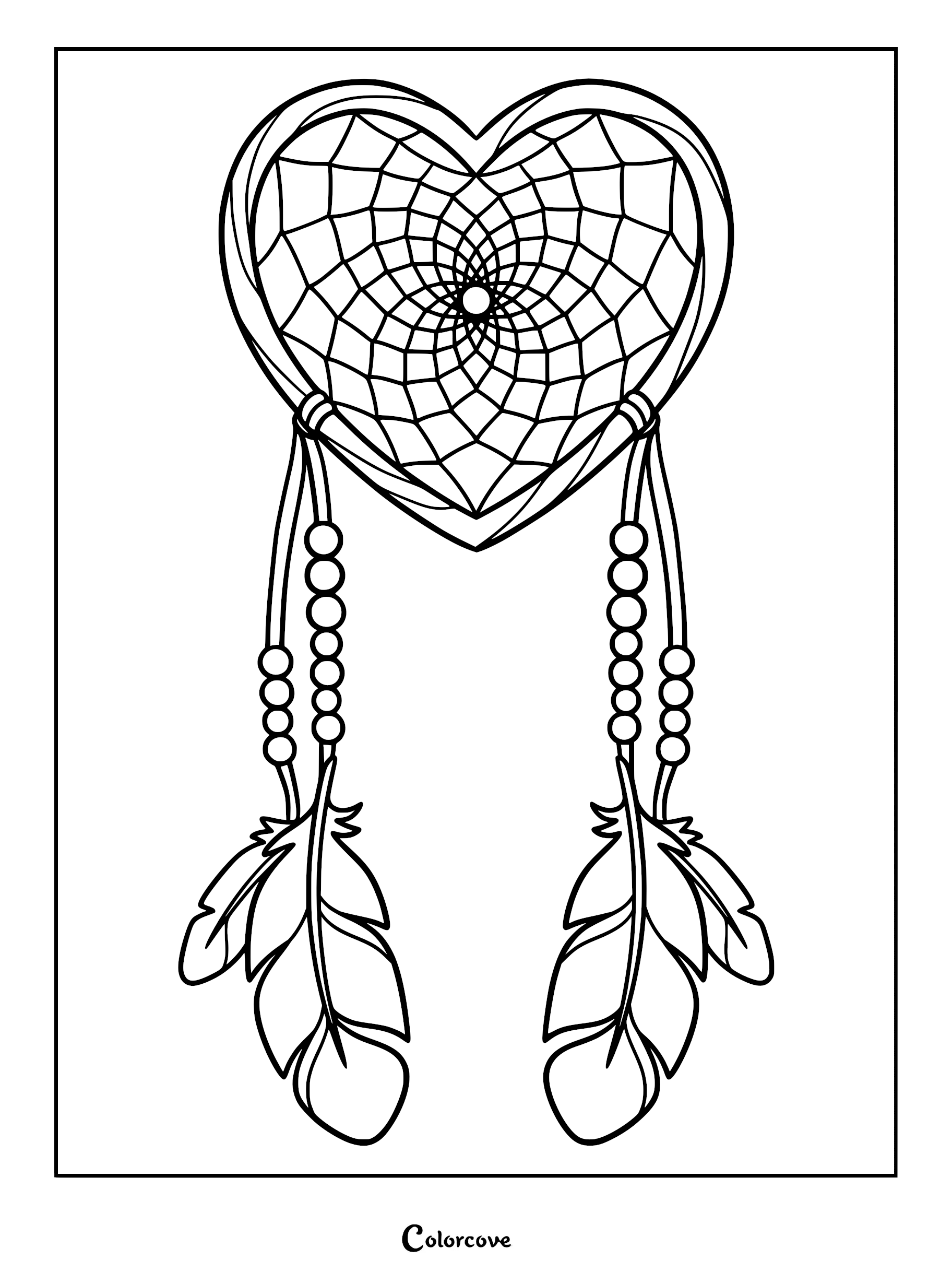 Heart shaped dreamcatcher coloring page with beaded strings and feathers