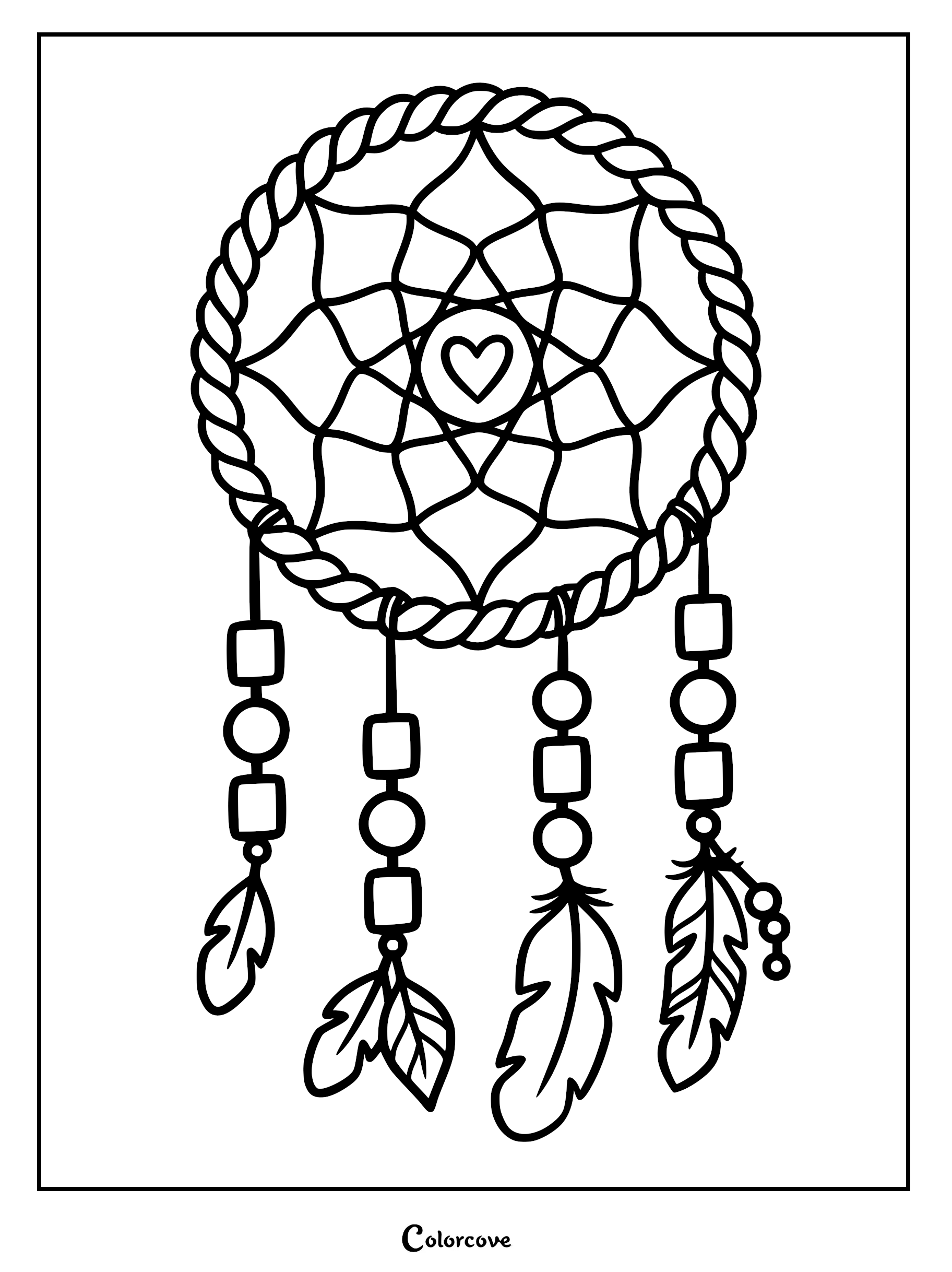 A simple dreamcatcher coloring page featuring a rope-textured hoop, a central heart icon in the web, and four hanging strands with geometric beads and feathers.