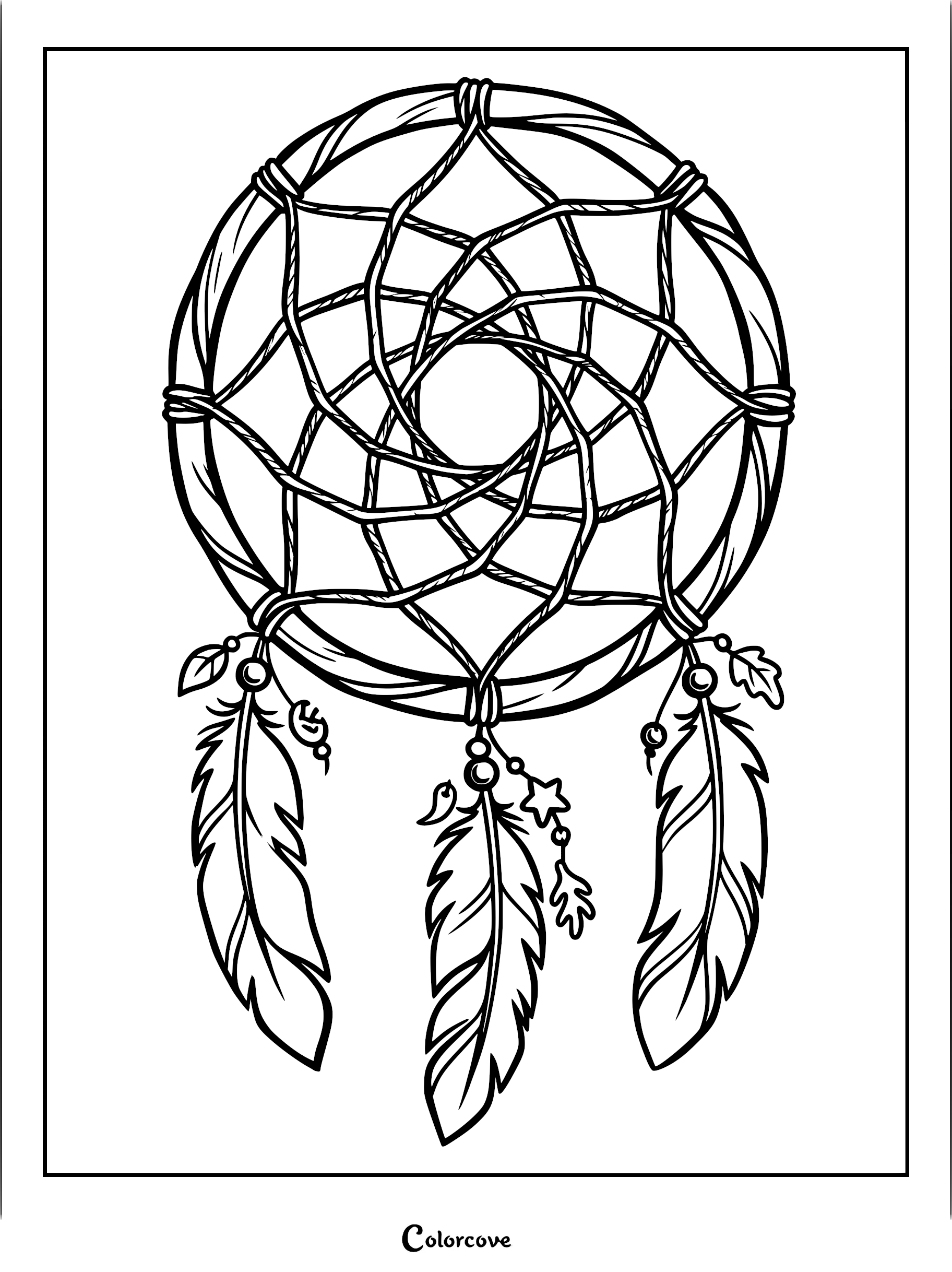 A detailed dreamcatcher coloring page featuring a circular web, hanging feathers, beads, and small star and leaf charms.