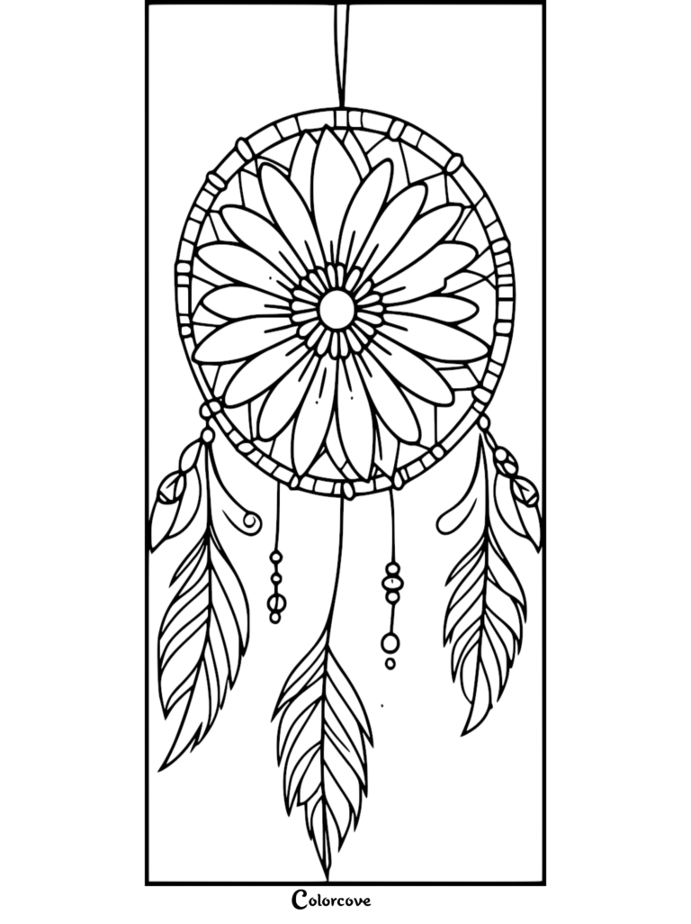 Un coloriage d'attrape-rêves détaillé présentant un grand motif floral central avec des plumes suspendues et des ficelles de perles.