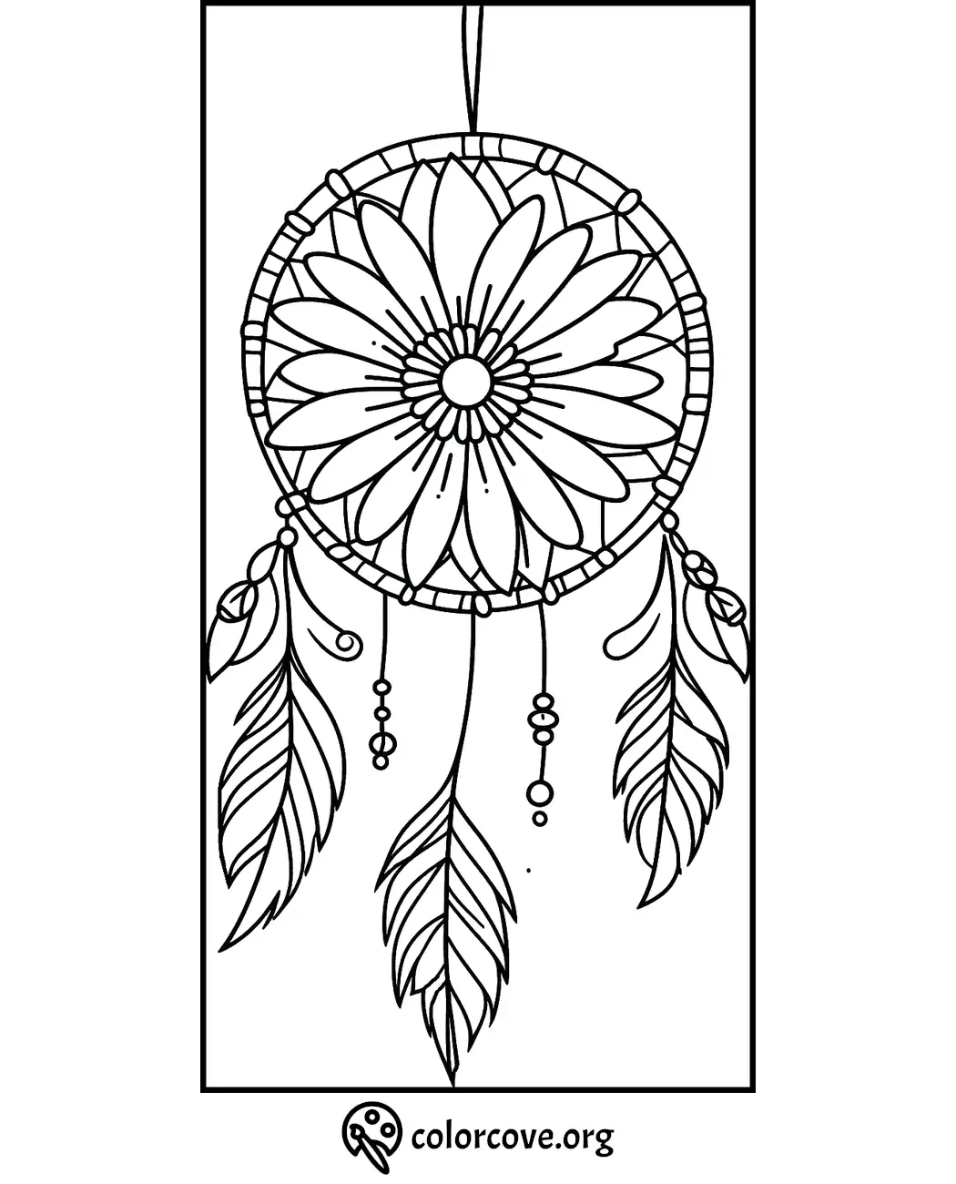 Dreamcatcher flower coloring page with feathers and beads, perfect for kids and adults. Visit colorcove.org for more.