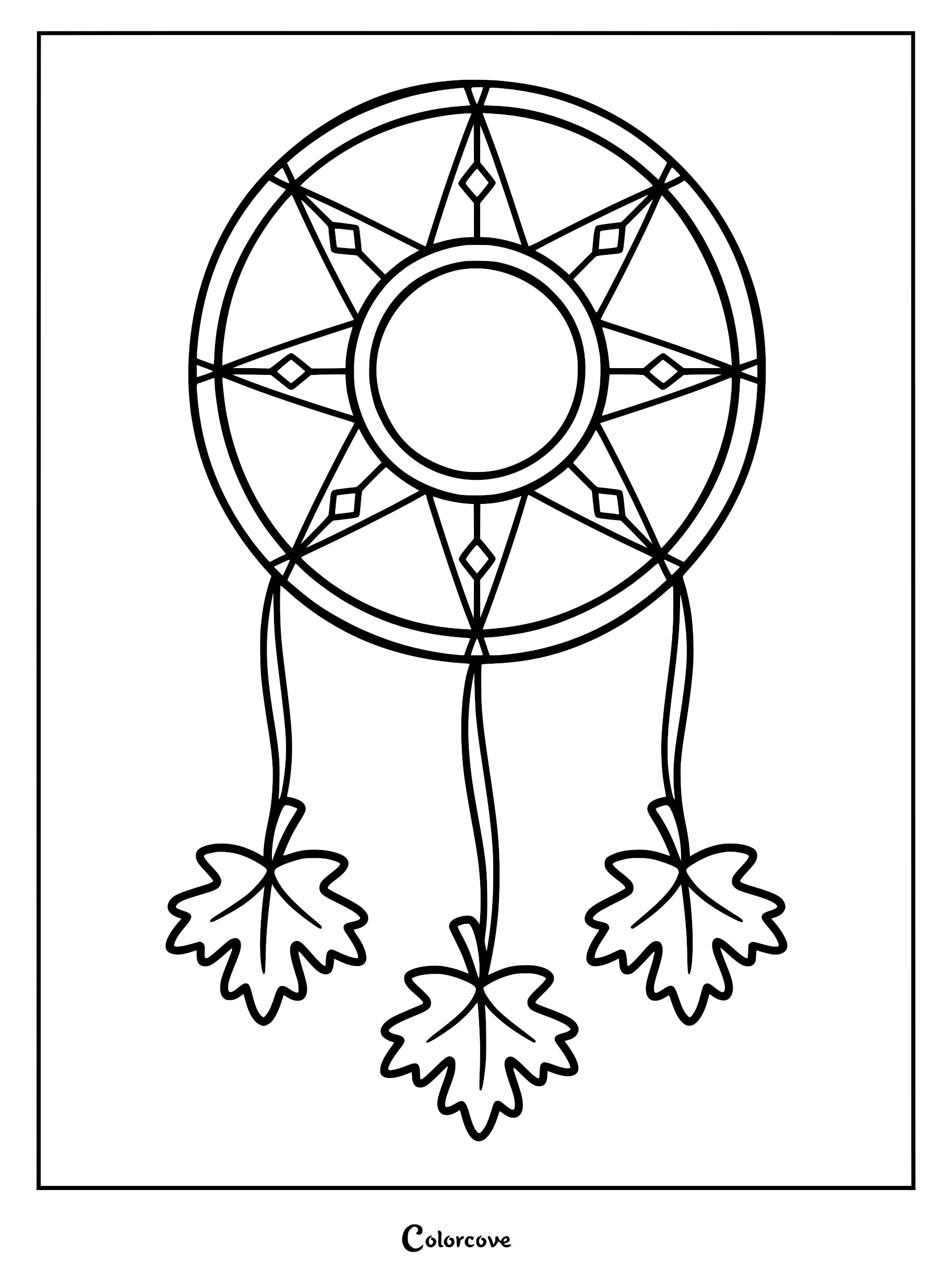 A star-shaped dreamcatcher coloring page featuring a central circle and three hanging maple leaves.