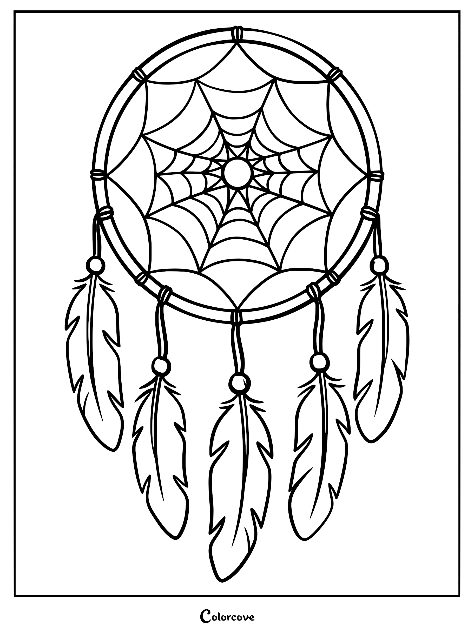 A simple dreamcatcher coloring page featuring a circular web frame with five hanging feathers and beads.