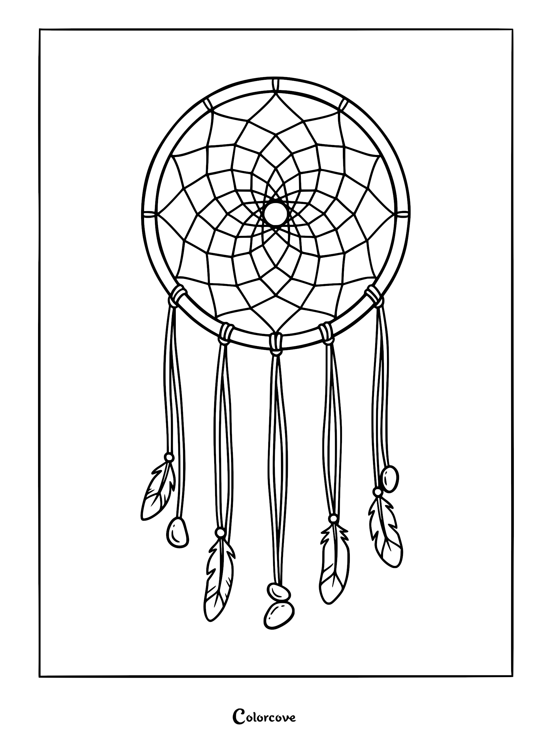 A simple dreamcatcher coloring page featuring a circular web, five hanging leather cords, and decorative feathers and beads.