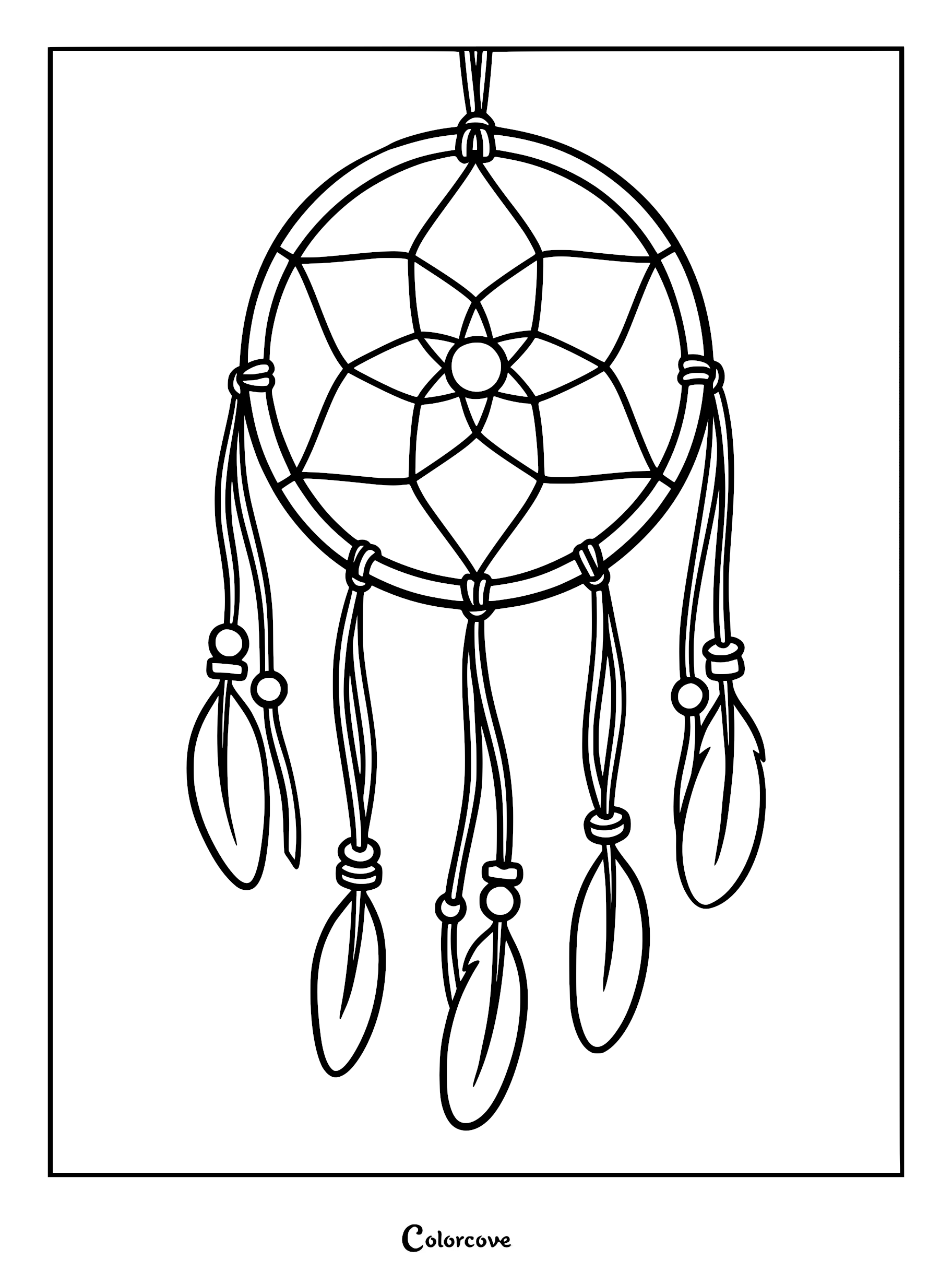 A simple dreamcatcher coloring page featuring a circular web with a flower pattern and five hanging feathers with beads.