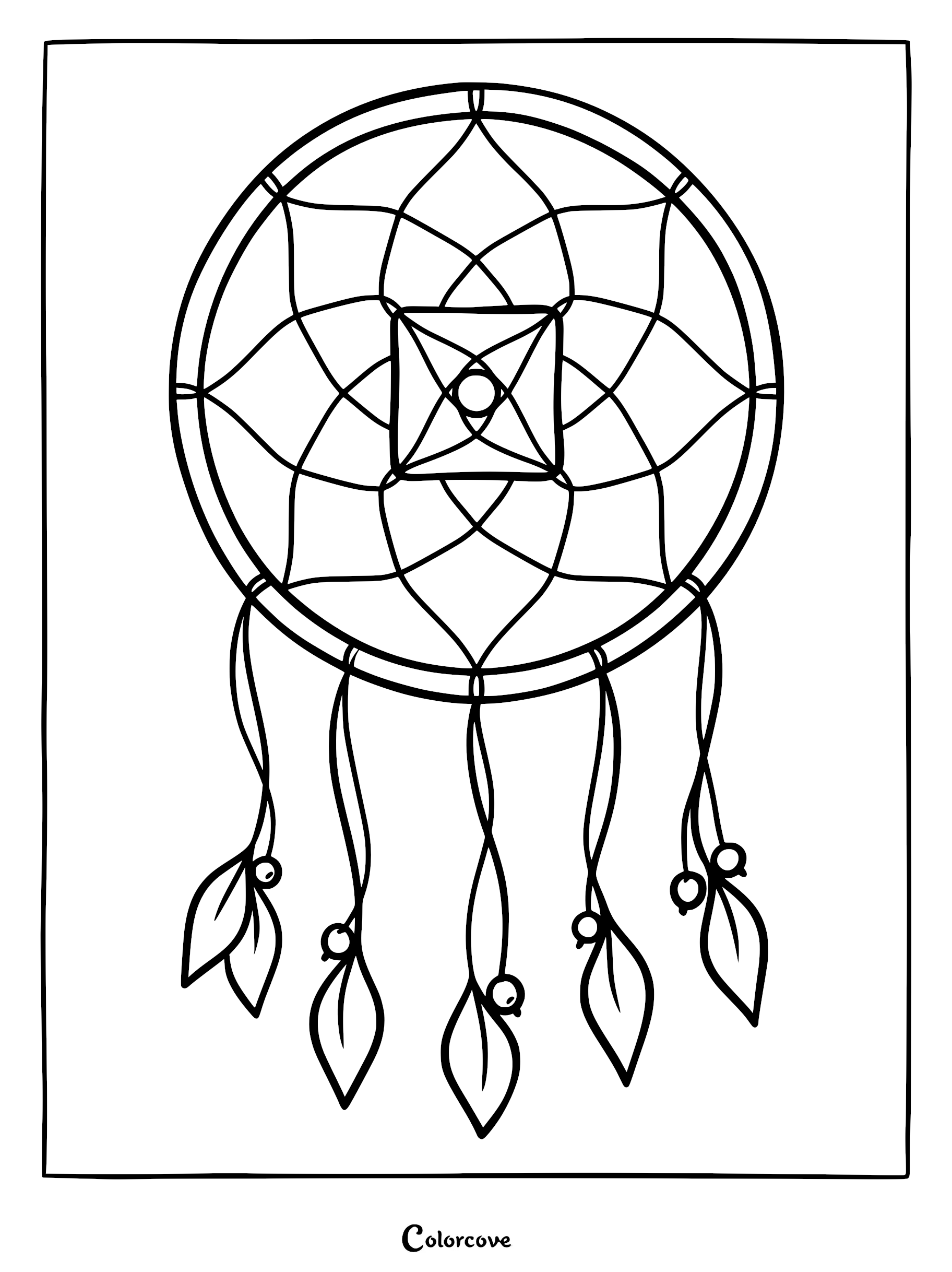 A geometric dreamcatcher coloring page featuring a central square web pattern and four hanging feathers with beads.