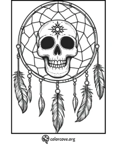 Skull and dreamcatcher coloring page with detailed feathers and geometric patterns. Ideal for adults and teens to color.