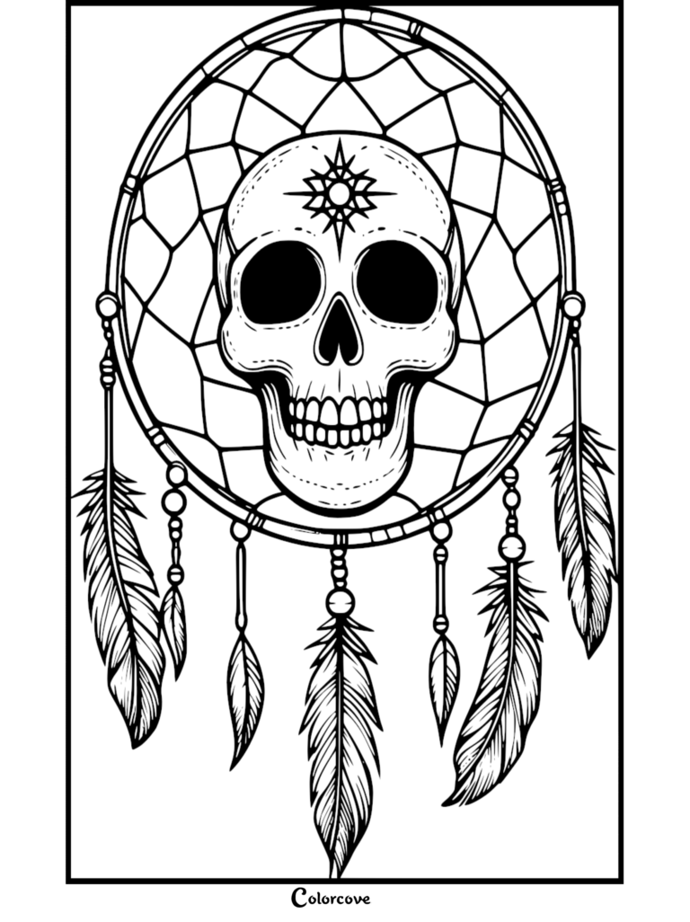 Coloriage détaillé d'attrape-rêves avec un crâne, présentant un crâne humain central avec un symbole d'étoile sur le front, entouré d'un cerceau tissé et de plumes suspendues.