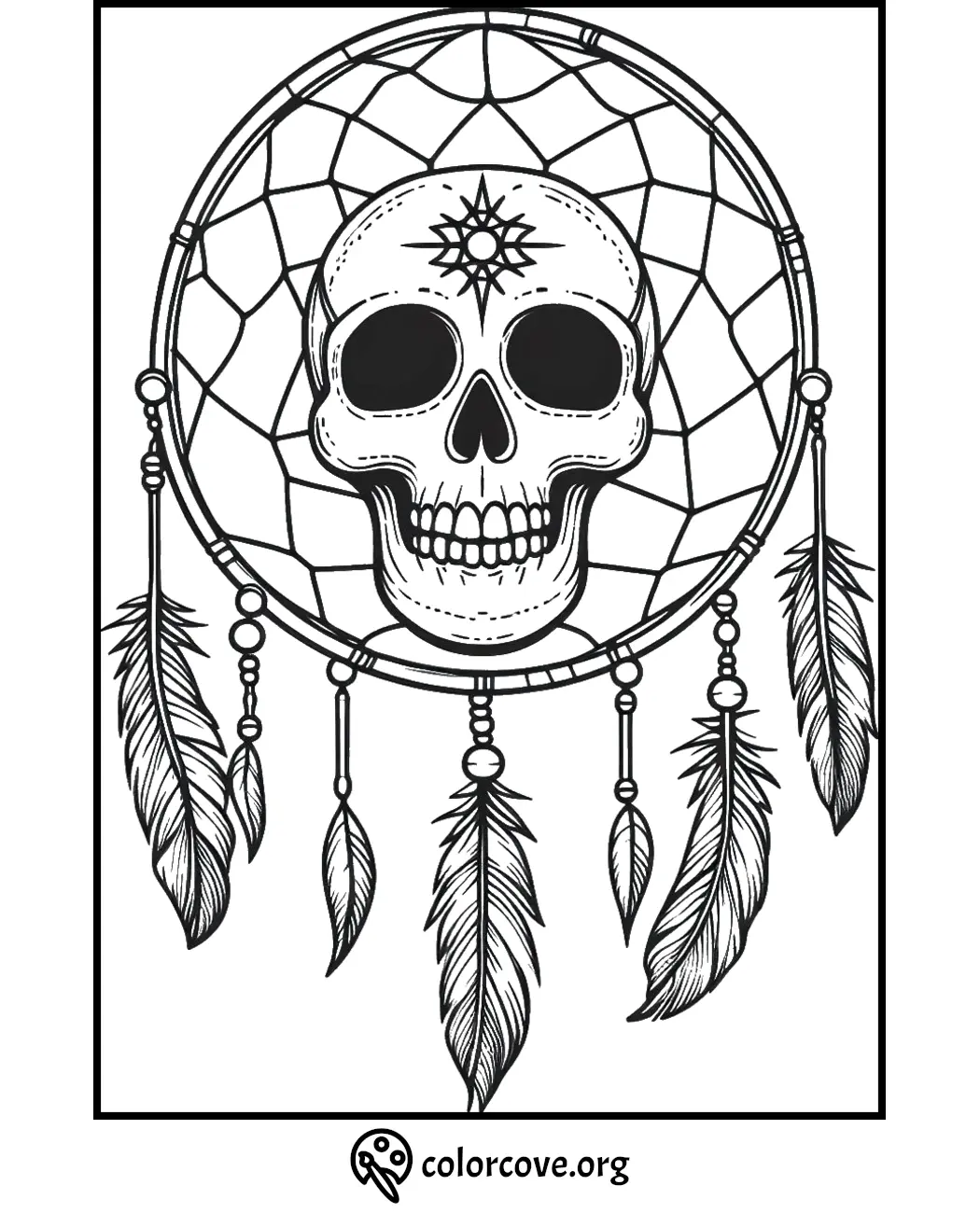 Skull and dreamcatcher coloring page with detailed feathers and geometric patterns. Ideal for adults and teens to color.