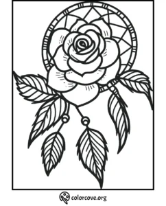 Dreamcatcher coloring page featuring a detailed rose design with hanging feathers. Ideal for relaxation and creativity.