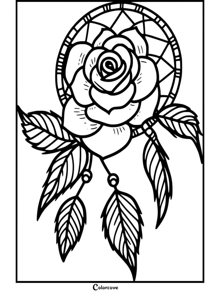 Un coloriage à imprimer représentant un attrape-rêves doté d'une grande rose centrale et de feuilles suspendues.