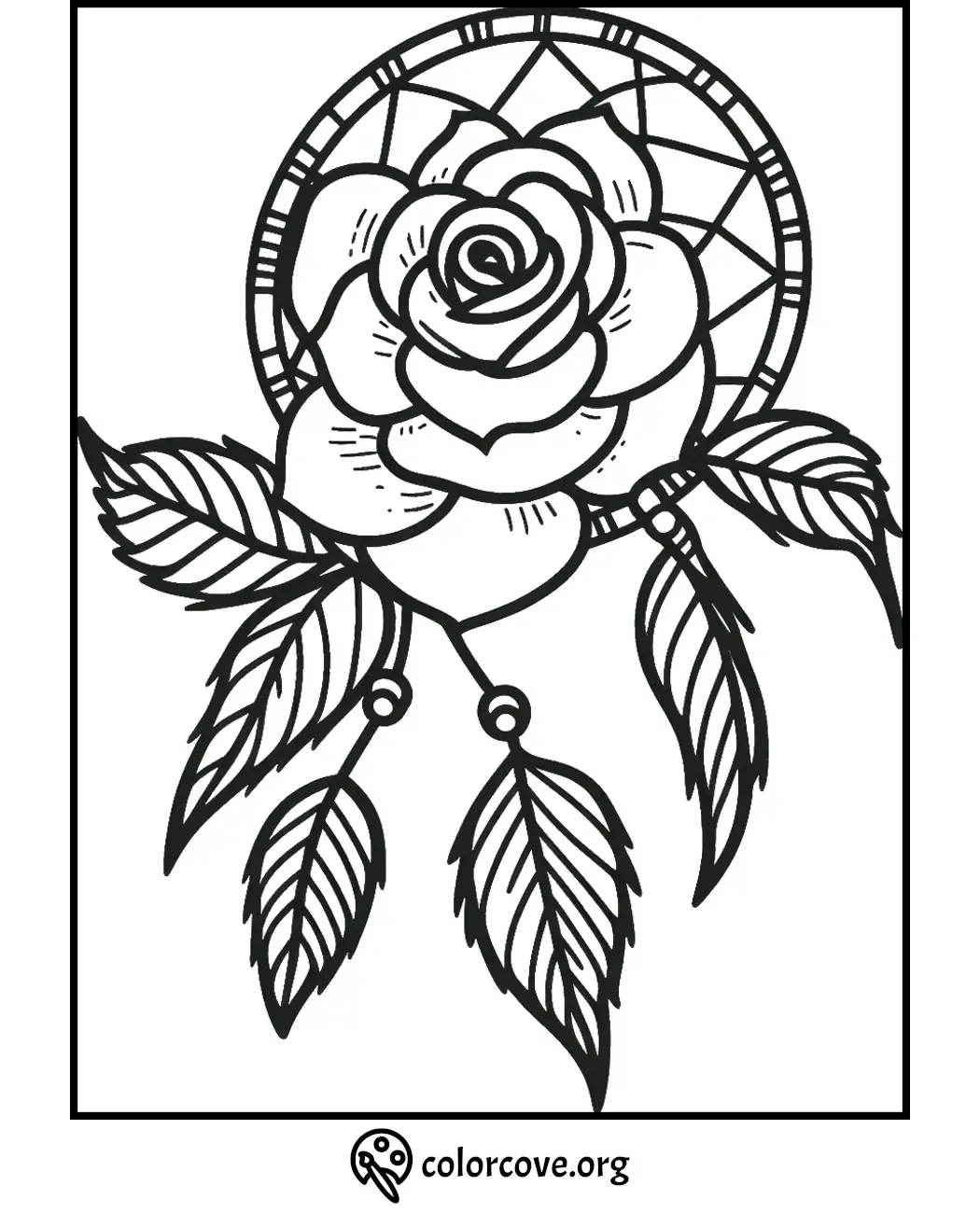 Dreamcatcher coloring page featuring a detailed rose design with hanging feathers. Ideal for relaxation and creativity.