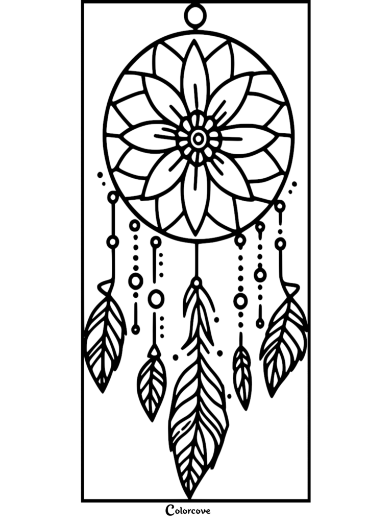Un coloriage d'attrape-rêves à imprimer présentant un motif de toile florale avec des perles suspendues et cinq plumes détaillées.