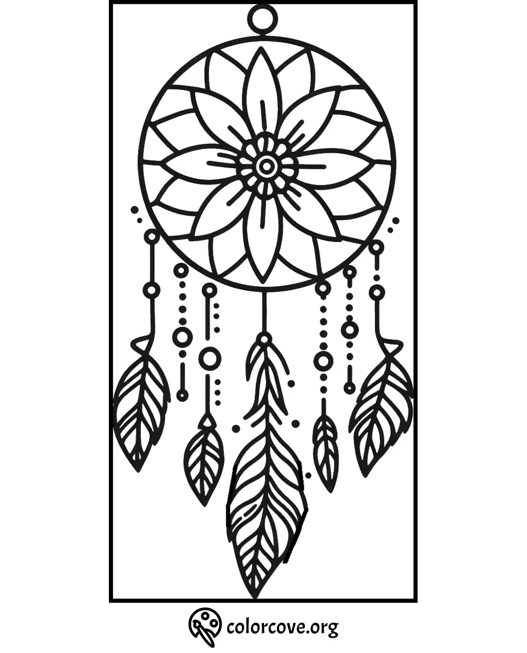 Dreamcatcher coloring page with intricate feather patterns and geometric designs for mindfulness and relaxation.