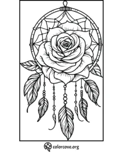 Dreamcatcher coloring page with a detailed rose and feathers design by colorcove.org. Ideal for relaxation and creativity.