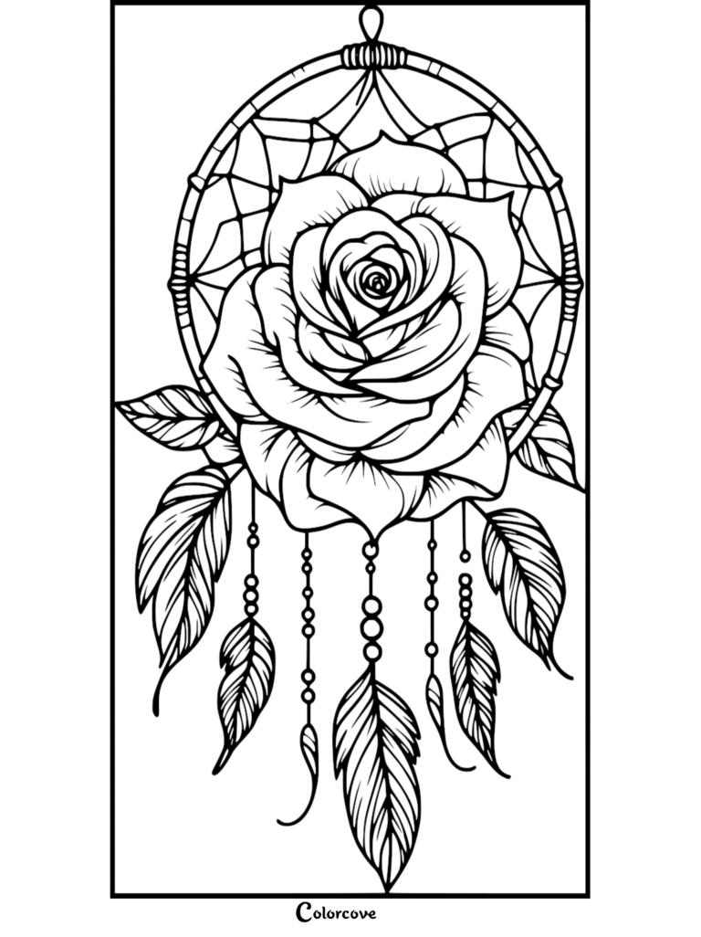 Un coloriage détaillé d'attrape-rêves présentant une grande rose centrale avec des ficelles de perles et des plumes suspendues.