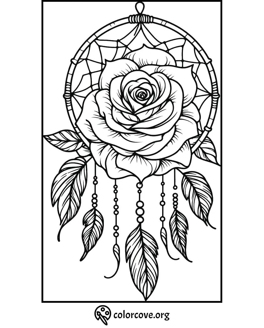 Dreamcatcher coloring page with a detailed rose and feathers design by colorcove.org. Ideal for relaxation and creativity.