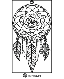 Dreamcatcher coloring page with intricate rose design and hanging feathers. Free printable from colorcove.org for all ages.