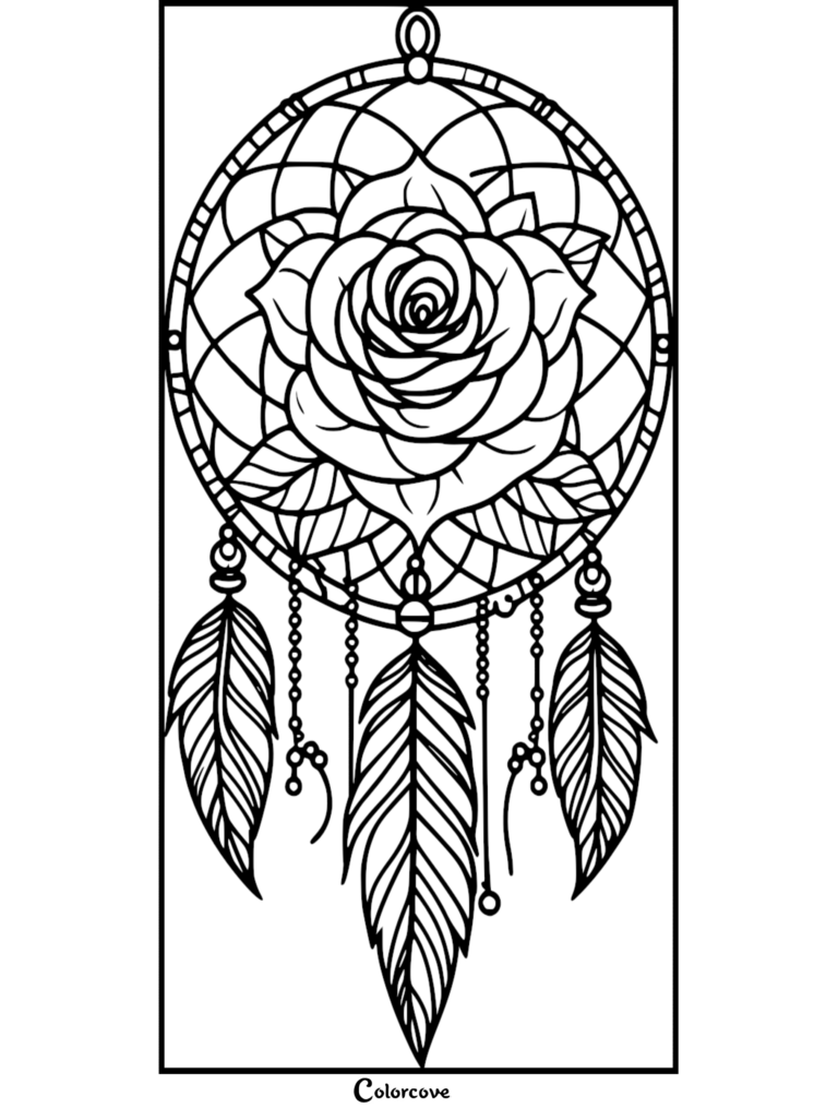 Un coloriage d'attrape-rêves à imprimer présentant une grande rose centrale entourée d'une toile et de trois plumes suspendues.
