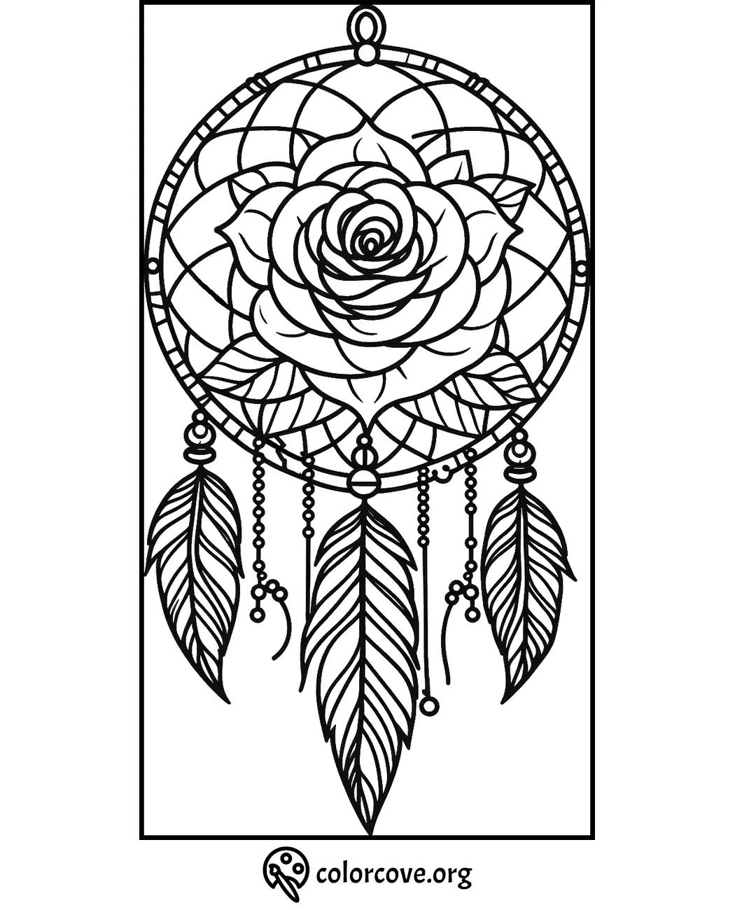 Dreamcatcher coloring page with intricate rose design and hanging feathers. Free printable from colorcove.org for all ages.