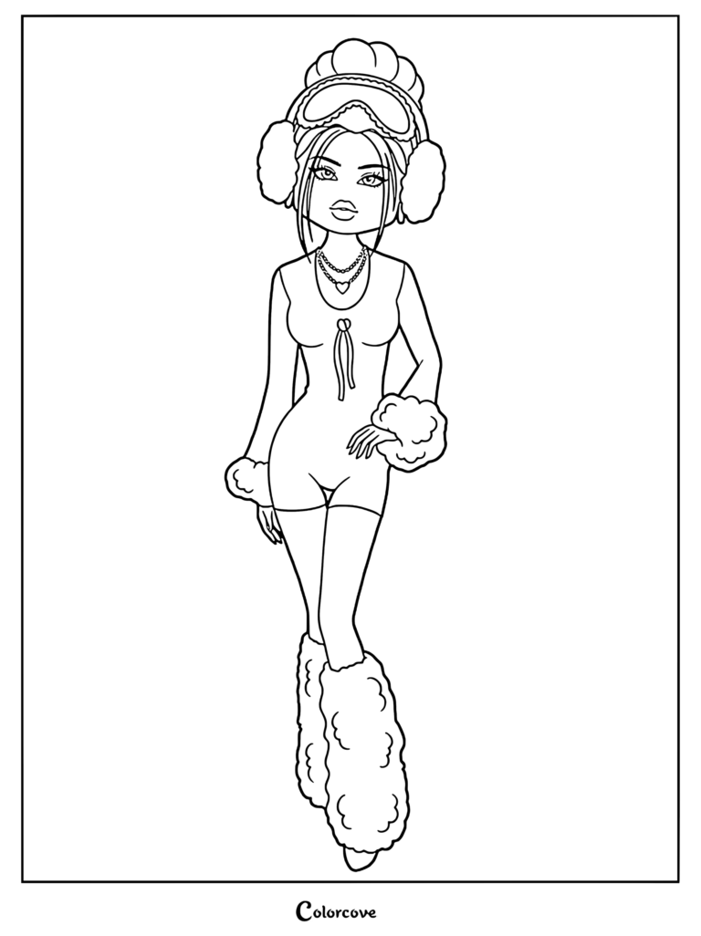 Coloring sheet showing a winter model with ski goggles, earmuffs, a puffer jacket, and fur-trimmed leg warmers.