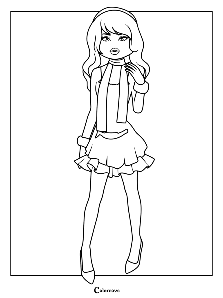 Coloring sheet of a model wearing a ruffled mini skirt, a cozy scarf, and high heels, striking a confident pose.