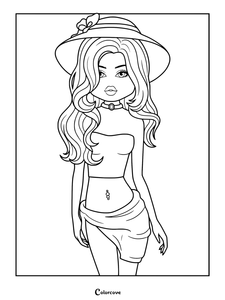 Coloring page of a character wearing a sun hat, simple tube top, and a wrapped beach sarong, posing happily.