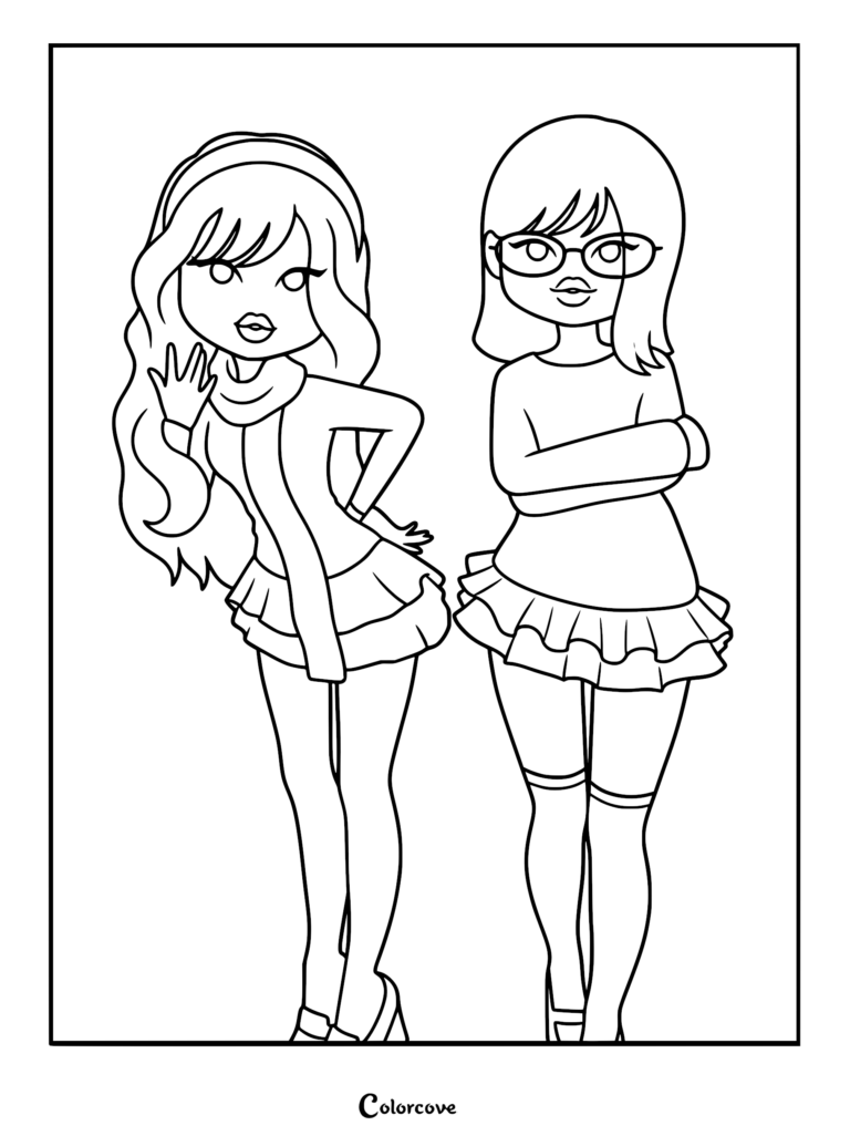 Line drawing of two models, one wearing a cozy sweater and glasses, the other in an off-shoulder top with a scarf.