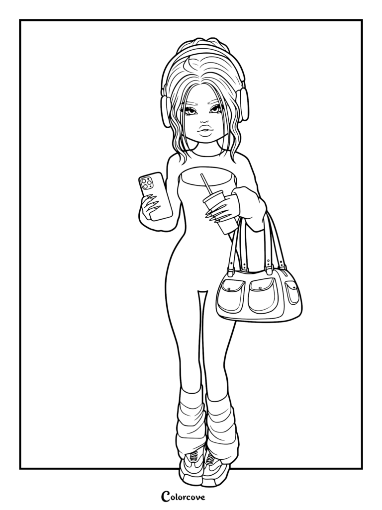 Coloring sheet showing a character wearing headphones, a cropped t-shirt, leg warmers, holding a smartphone and an iced drink.