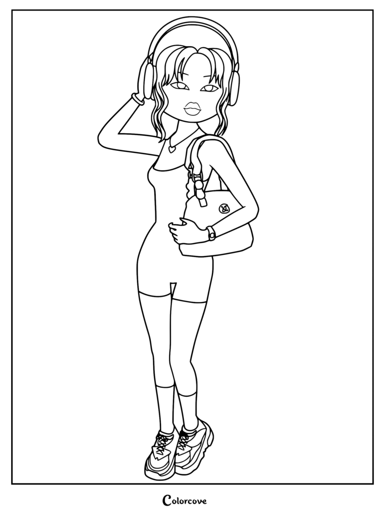 Line drawing of a character wearing over-ear headphones, a cropped jacket, jeans, chunky sneakers, and carrying a bag.