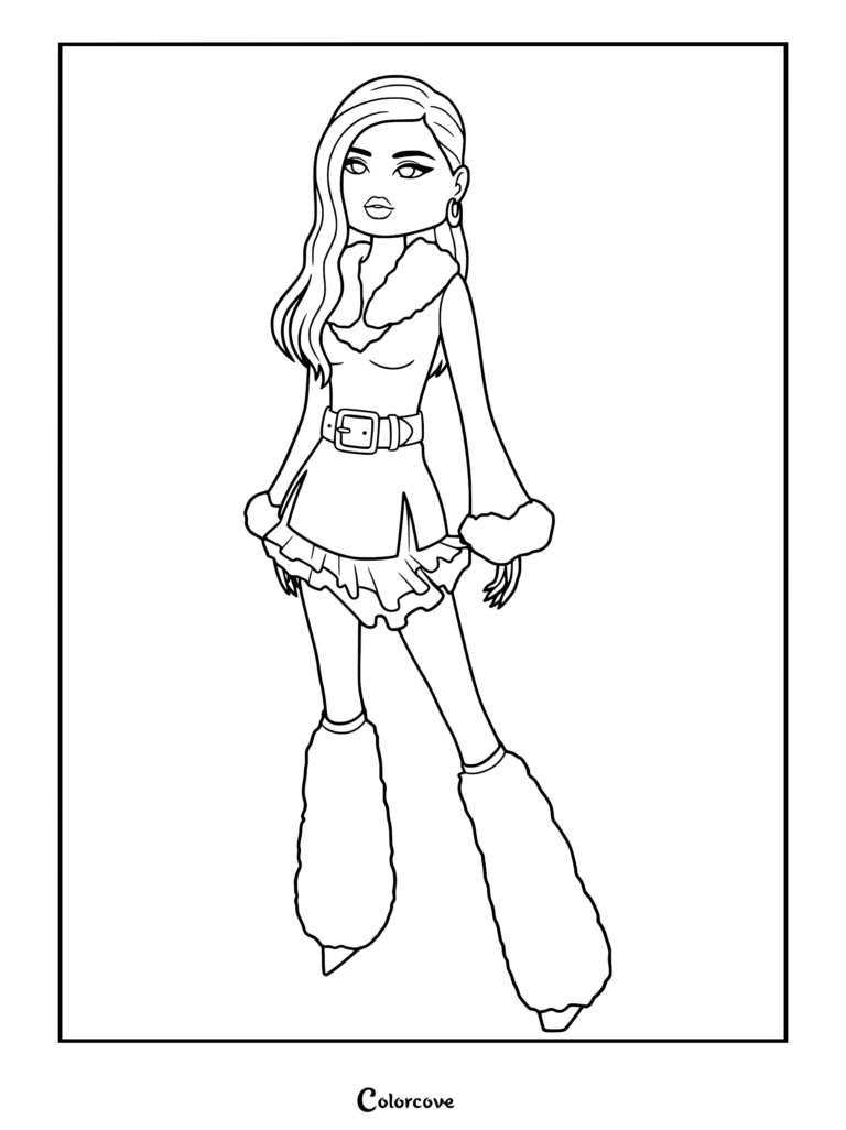 Coloring page showing a character wearing a warm winter jacket with fur trim, cozy leg warmers, and platform heels.