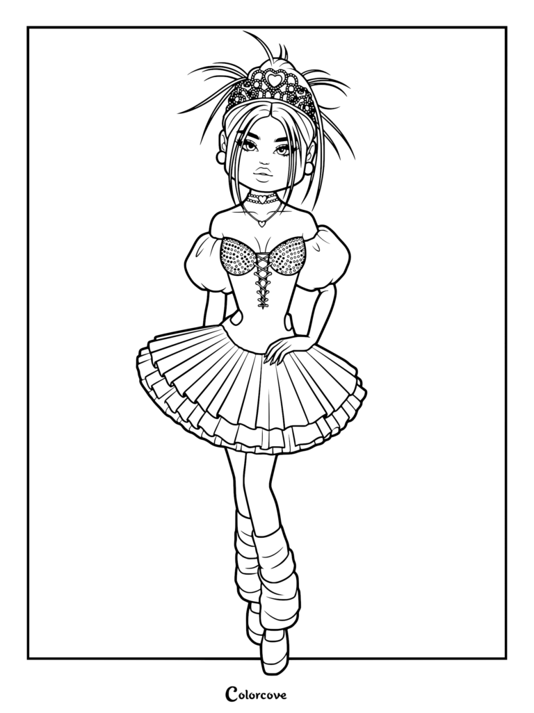 Line drawing of a character in a corset top, puffy sleeves, layered ballerina tutu skirt, and wearing a princess crown.