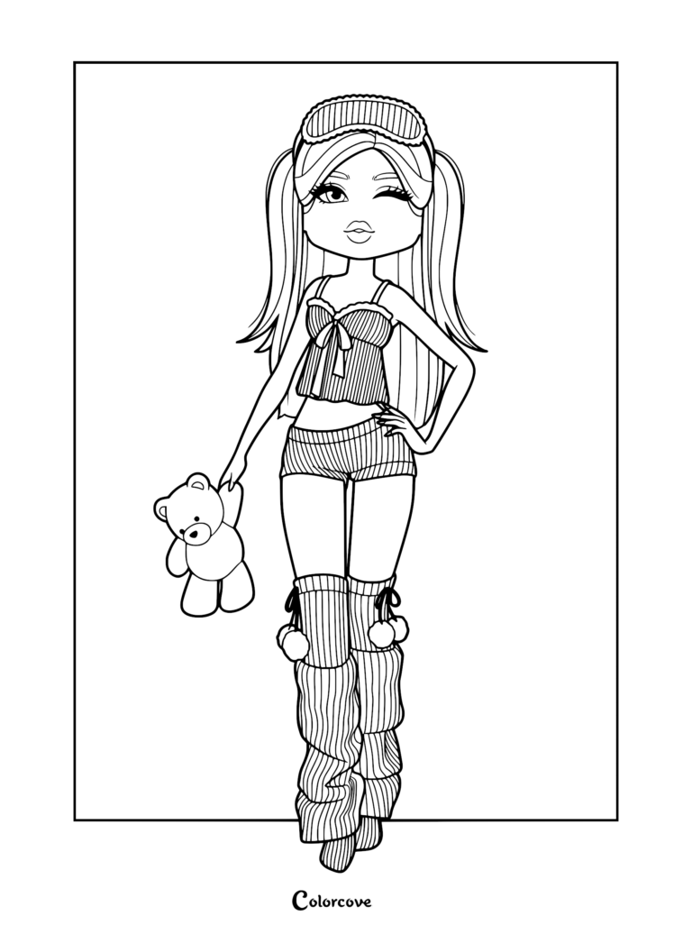 Coloring page showing a character wearing striped pajamas, a sleep mask, leg warmers, and holding a cute teddy bear.