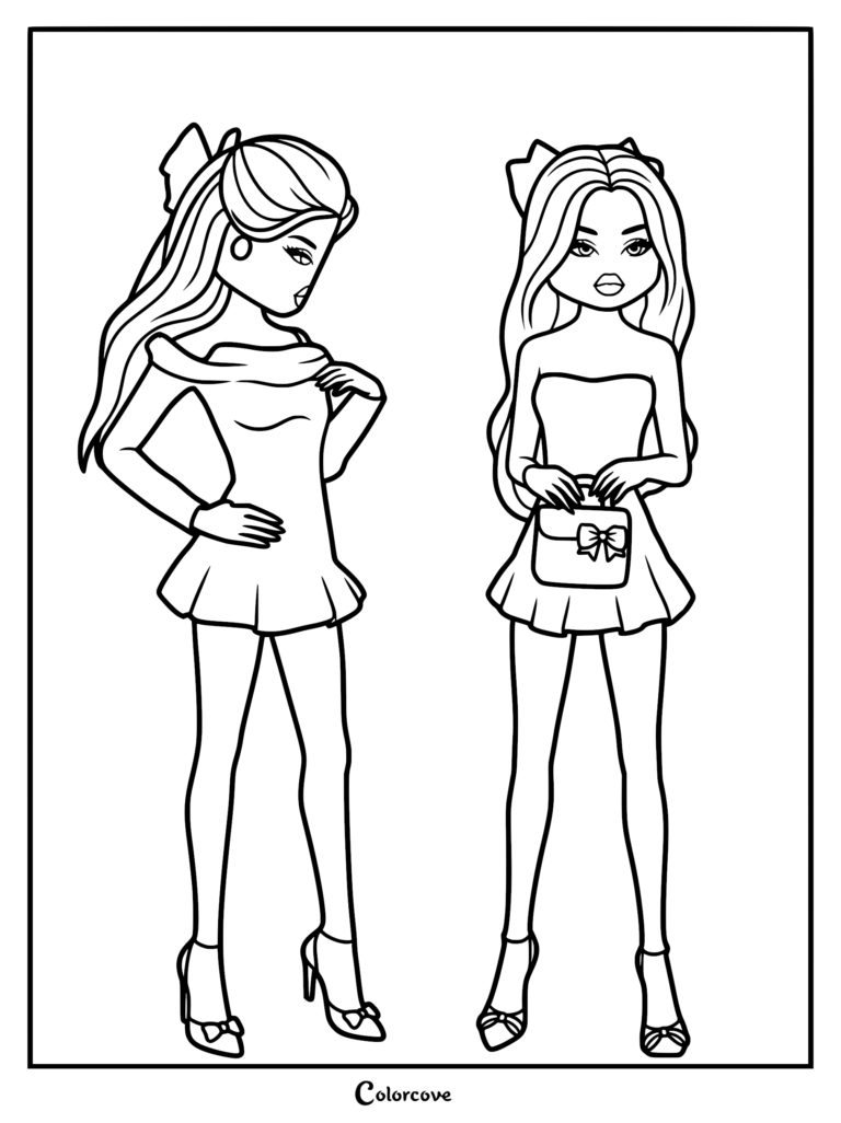 Line art of two models posing side-by-side in off-the-shoulder summer dresses, wearing hair bows and high heels.