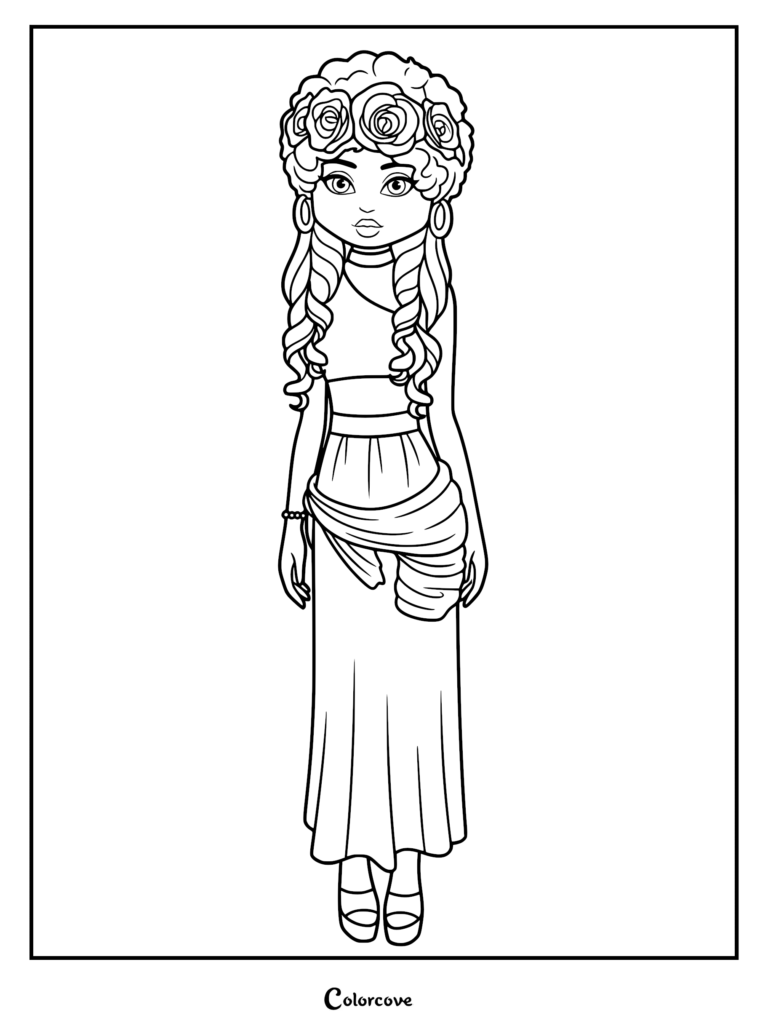 Line drawing of a character dressed as a Greek goddess with a rose crown, long braided hair, and a draped toga.