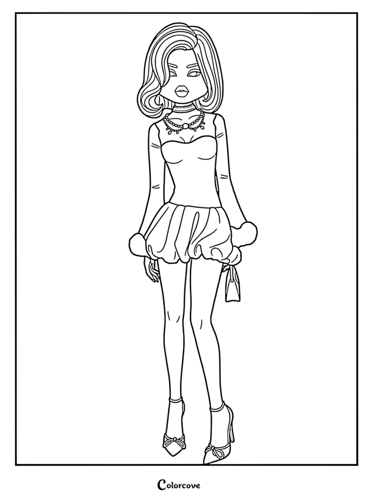 Line art of a model wearing a tight mini dress, a chic choker necklace, and strappy high heels, posing.
