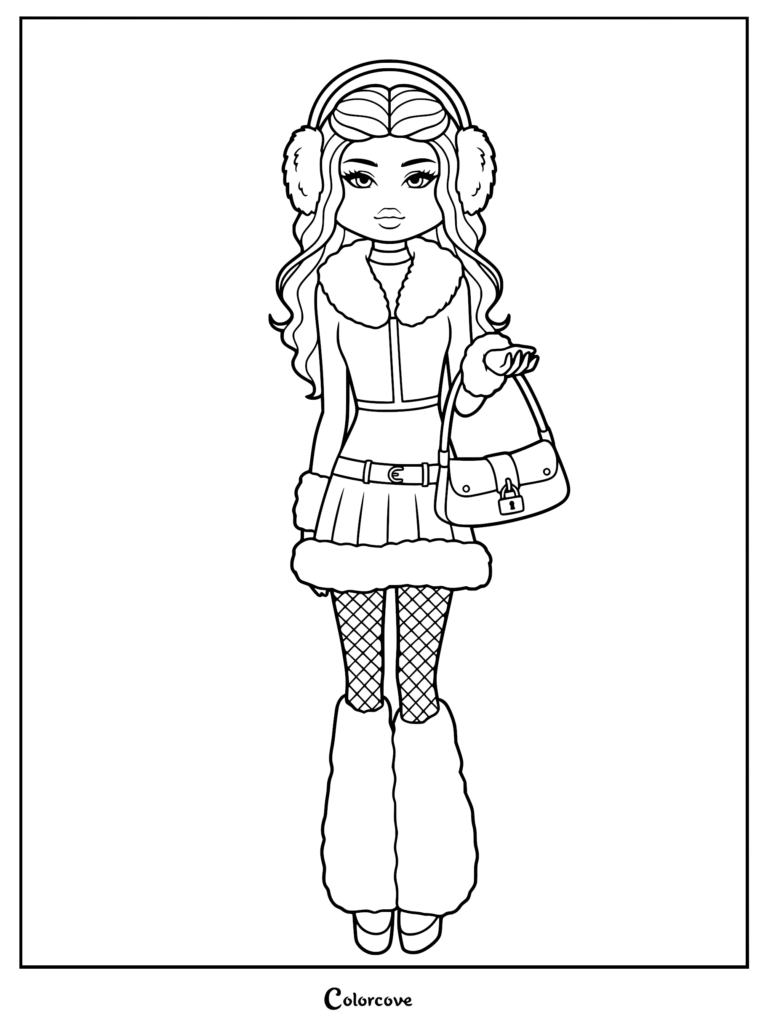 Coloring page showing a character in a fur-trimmed winter coat, warm earmuffs, fishnet tights, leg warmers, and a padlock bag.