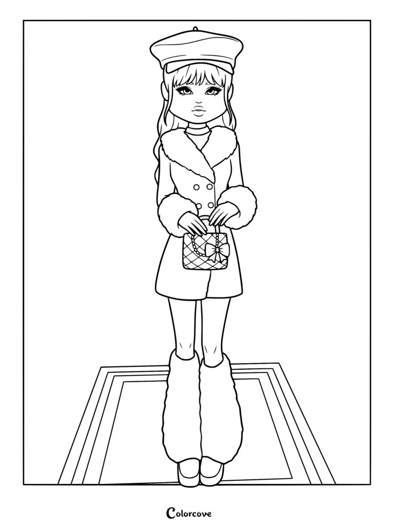 Line drawing of runway model in winter fashion: a long fur-trimmed coat, beret, leg warmers, and holding a handbag.