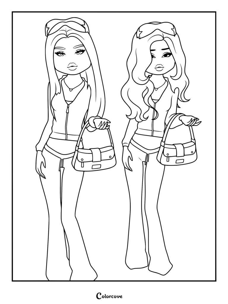 Coloring page of two models wearing matching zip-up velour tracksuits with shoulder bags, posing together.