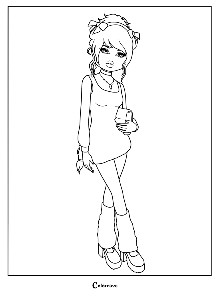 Line drawing of a character in a fitted mini dress, chunky leg warmers, and platform heels, holding a purse.