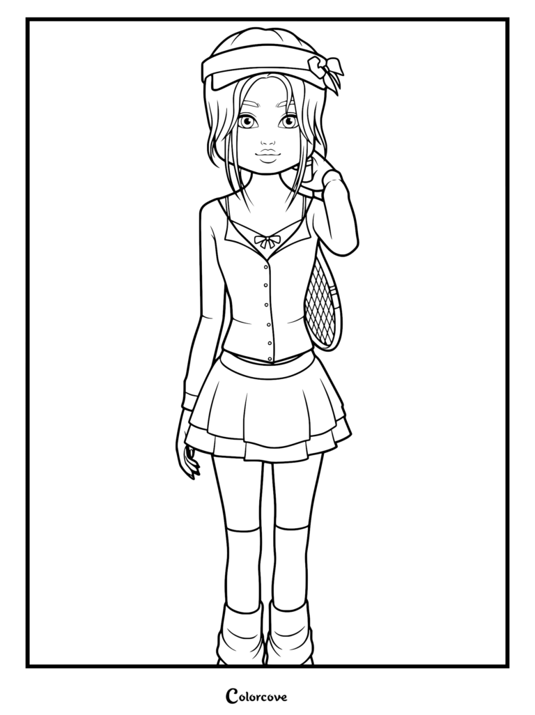 Line art of a character wearing a pleated tennis skirt, warm cardigan, tennis visor, and holding a tennis racket.