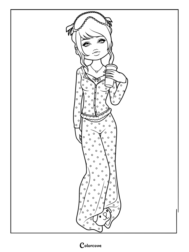 Coloring page showing a character in polka dot pajamas, a sleep mask, and holding a hot beverage mug.