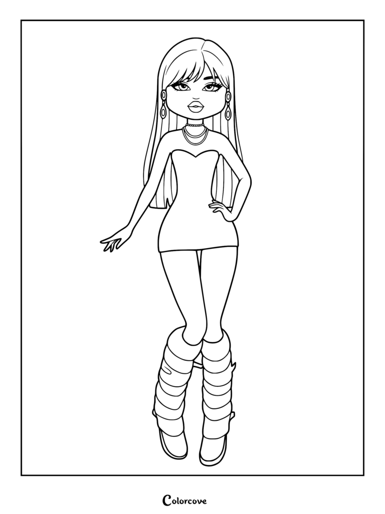 Line drawing of a model wearing a strapless corset dress, layered necklaces, hoop earrings, and chunky leg warmers.