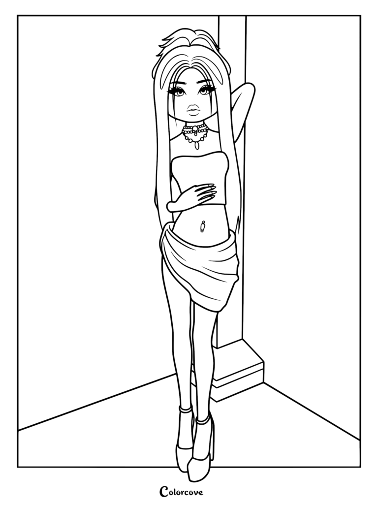 Line drawing of a character with long flowing hair, wearing a tube top and low-rise skirt, posing against a wall.