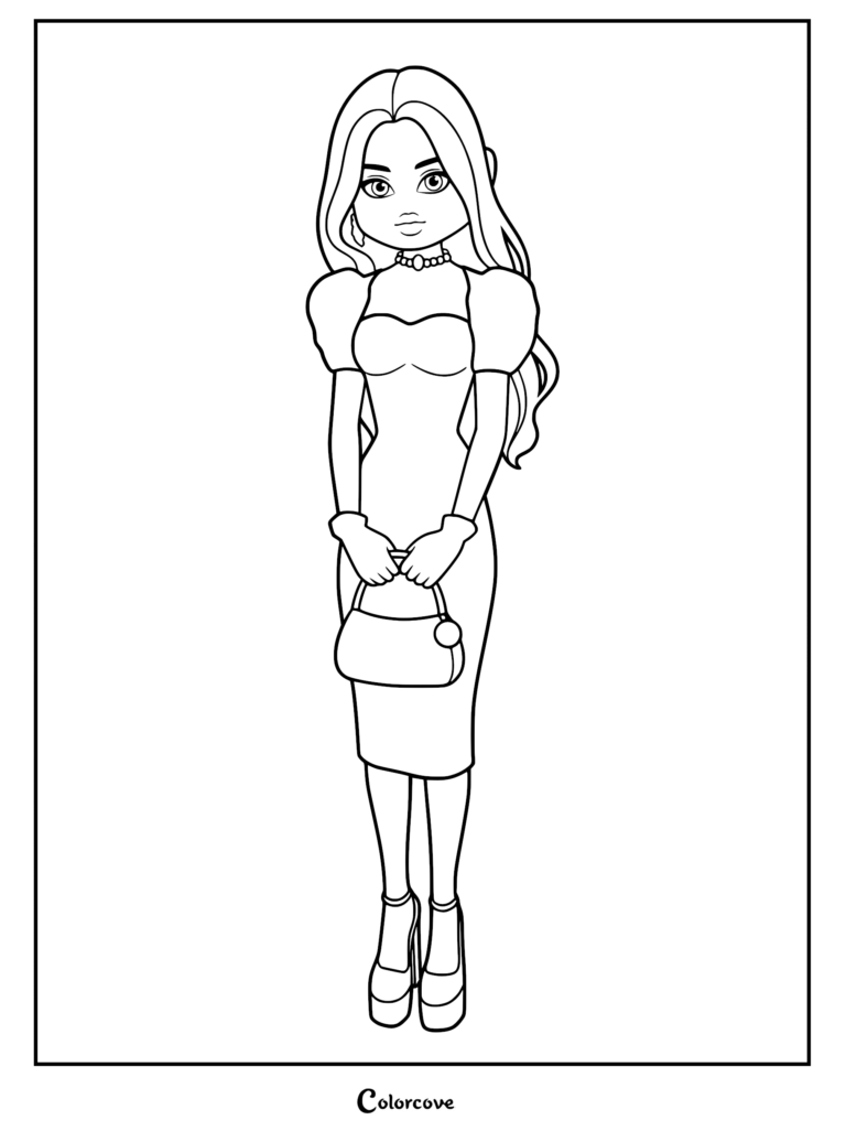 Line art of a model wearing a sweet puff-sleeve dress, choker, and platform heels, holding a designer purse.
