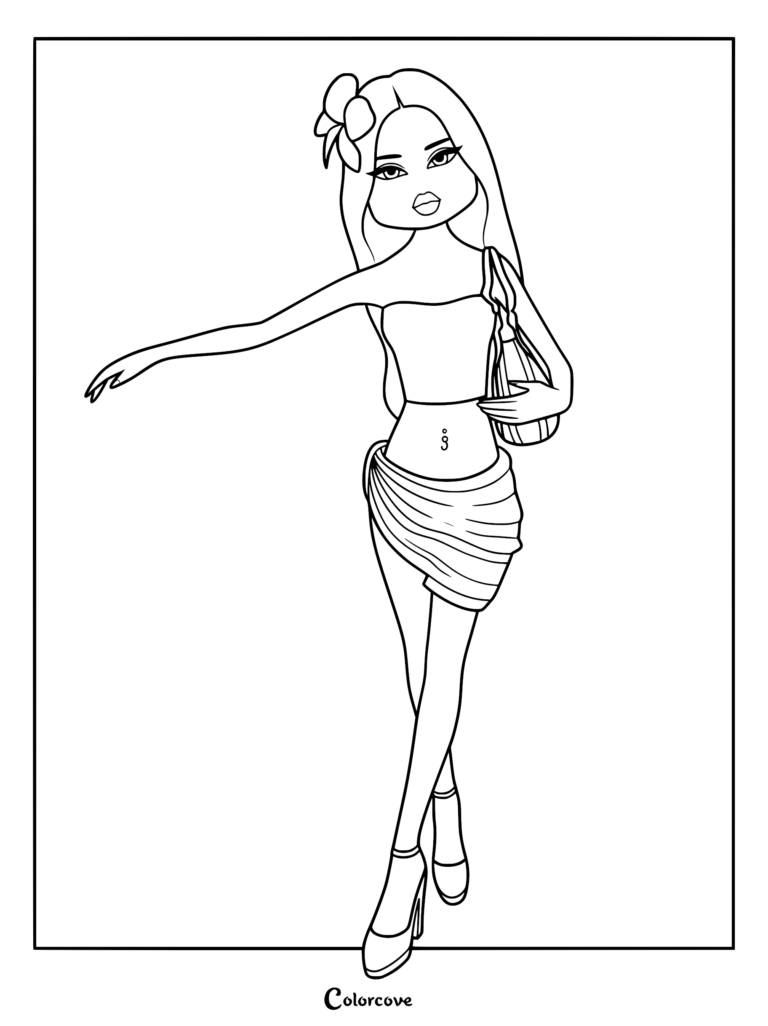Line art of a runway model in a tube top, side-slit sarong skirt, flower hair clip, and a designer purse walking the runway.